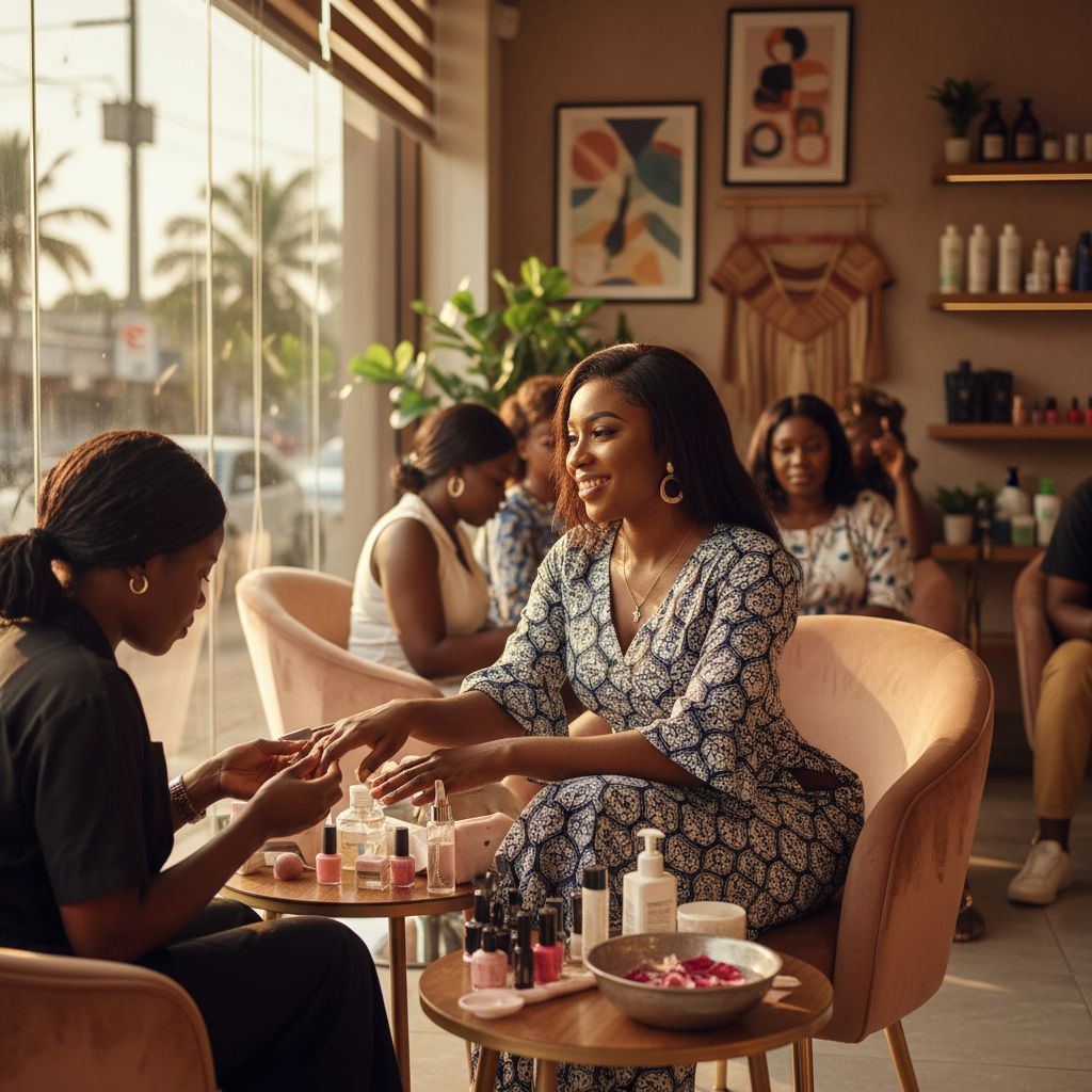 A young Nigerian woman smiling while a nail technician applies polish to her nails in a clean, bright salon in Lagos.
