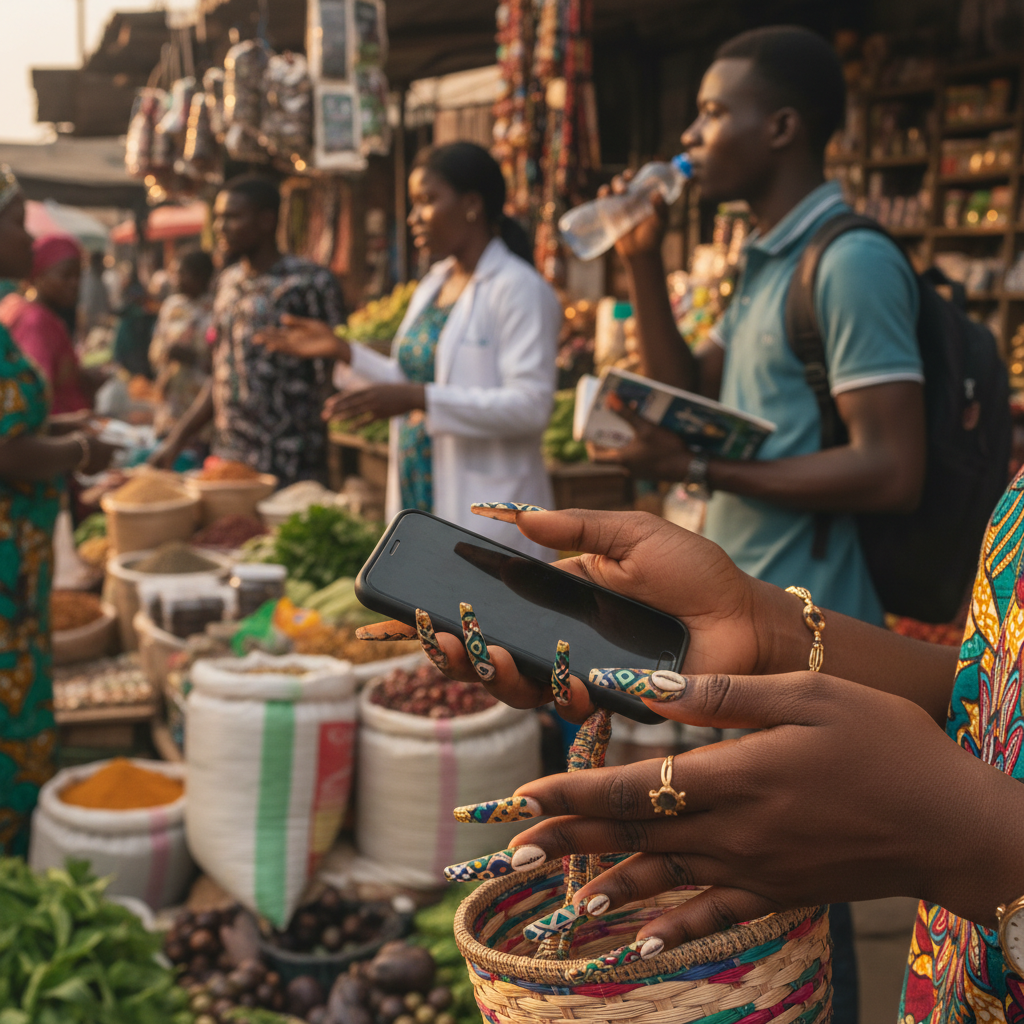 Detailed close-up of a complex and beautiful nail art design on the hands of a Nigerian woman.