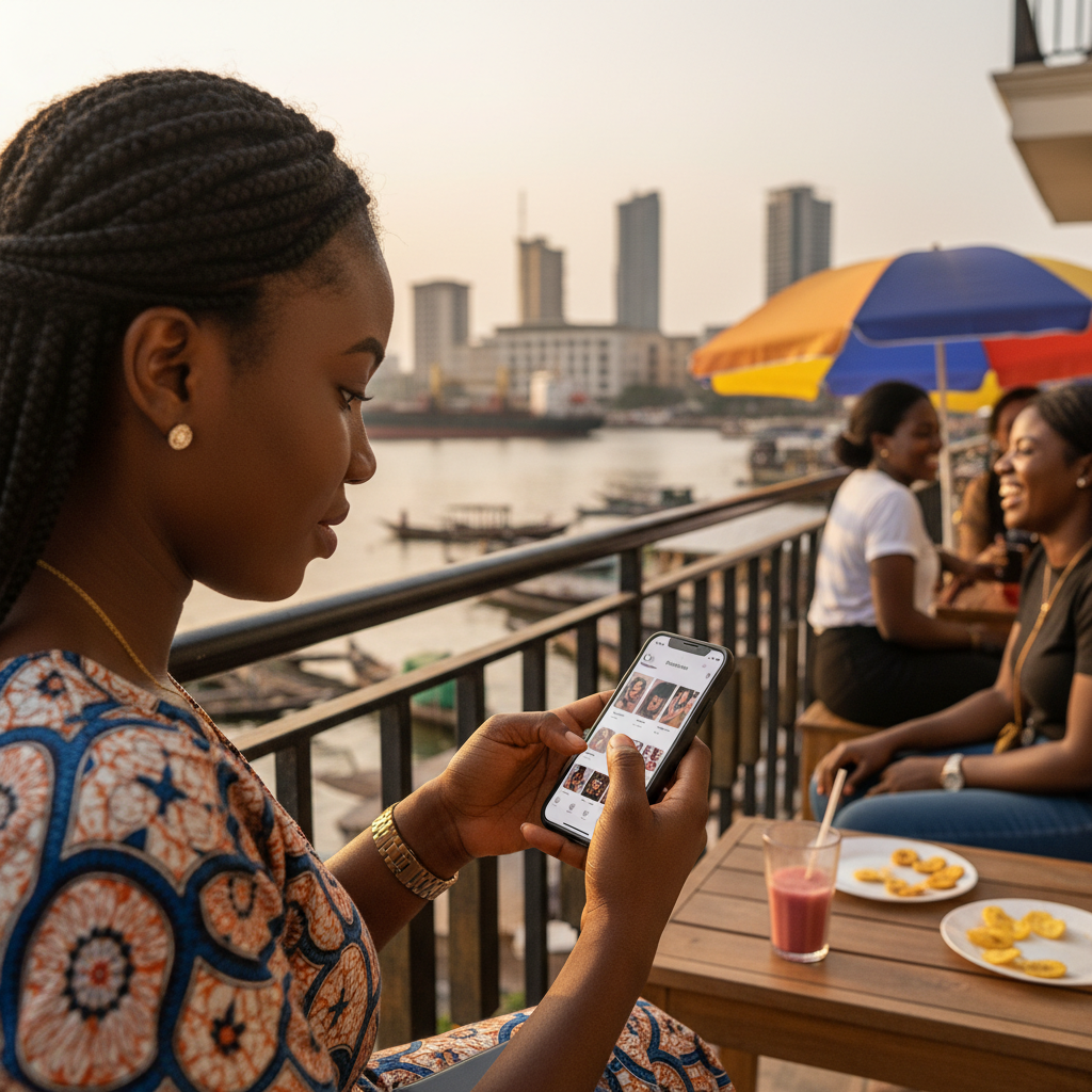 A young Nigerian woman smiling as she uses the TrustAm app on her smartphone to book a beauty service.