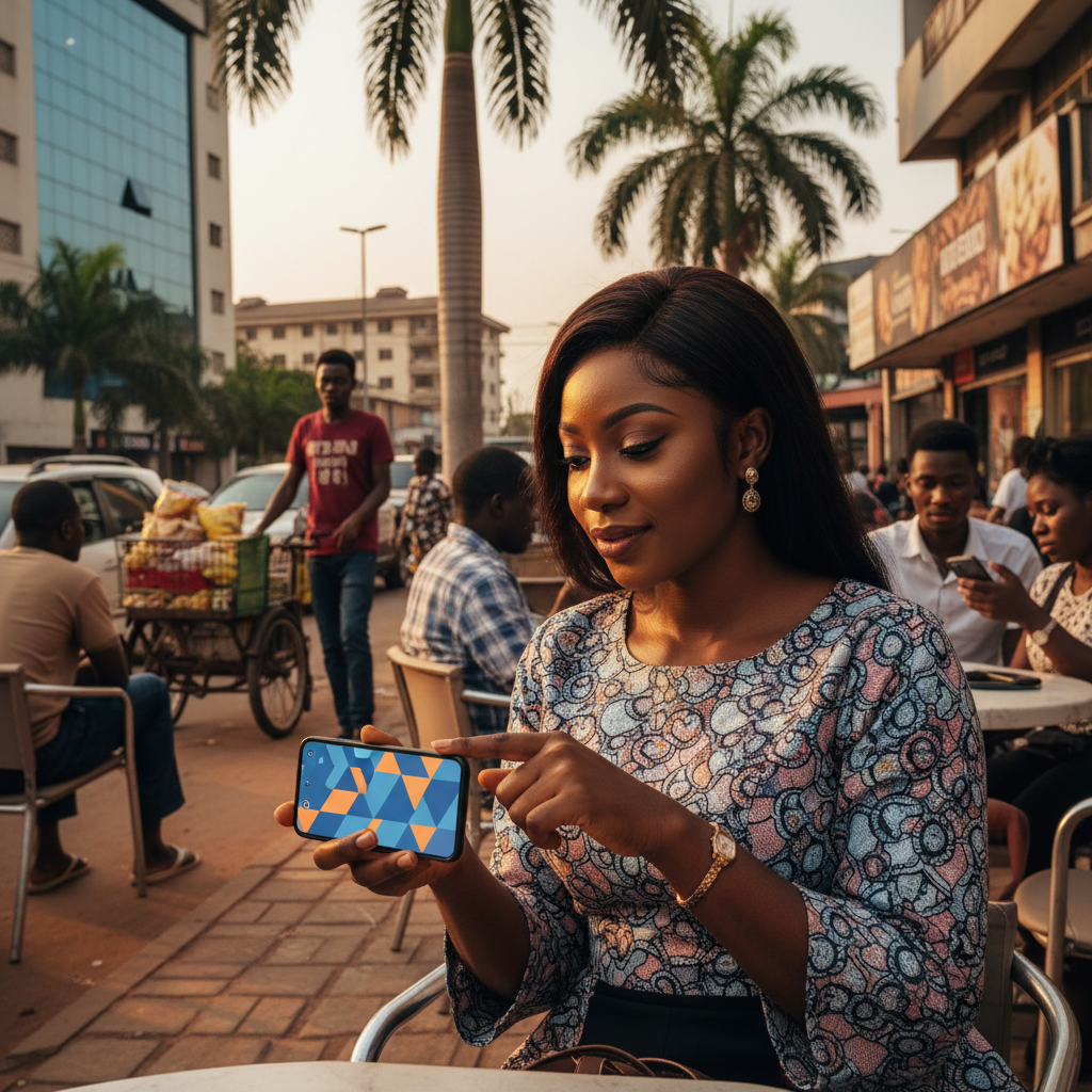 A Nigerian professional in an office setting, using the TrustAm app on their smartphone to send an invoice to an international client.