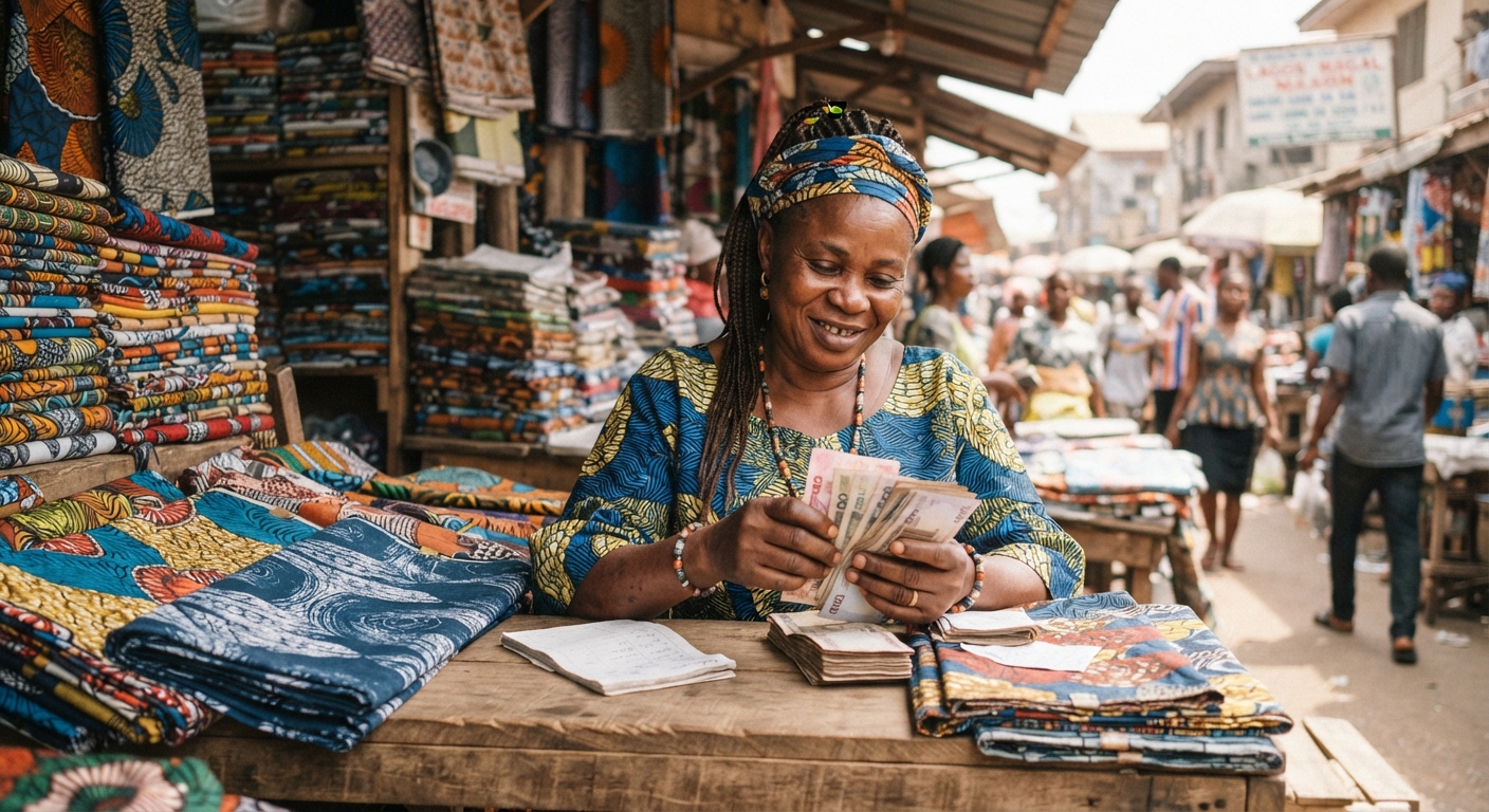 Nigerian trader counting naira notes at a fabric stall in a busy market