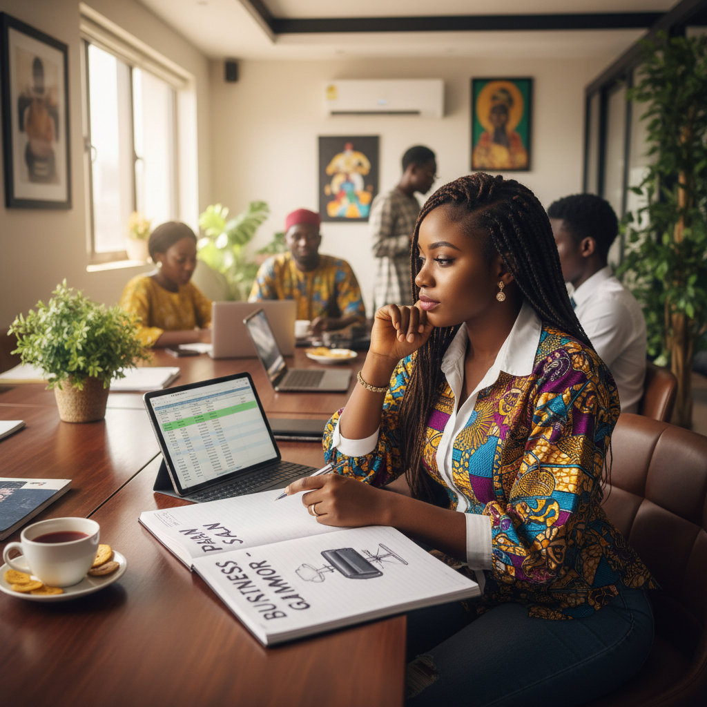 A Nigerian woman writing her business plan for a nail technician business in a notebook.