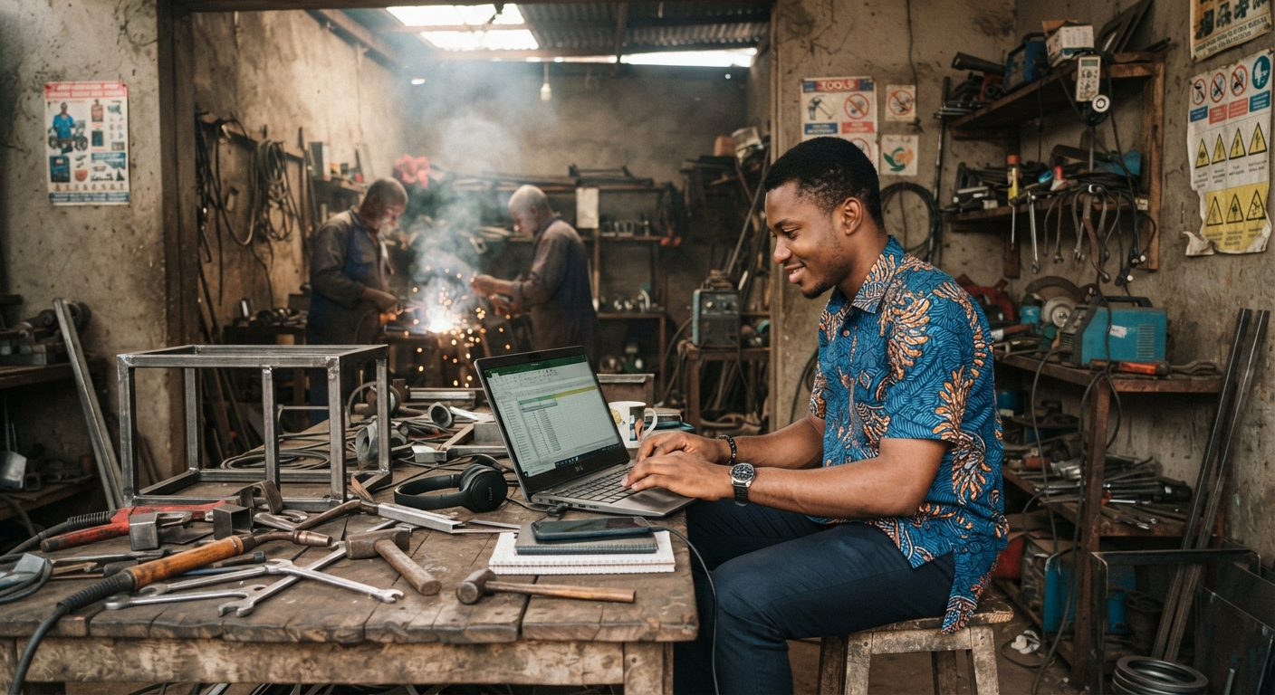 Young Nigerian entrepreneur working on a laptop in an Aba workshop, designing a website.