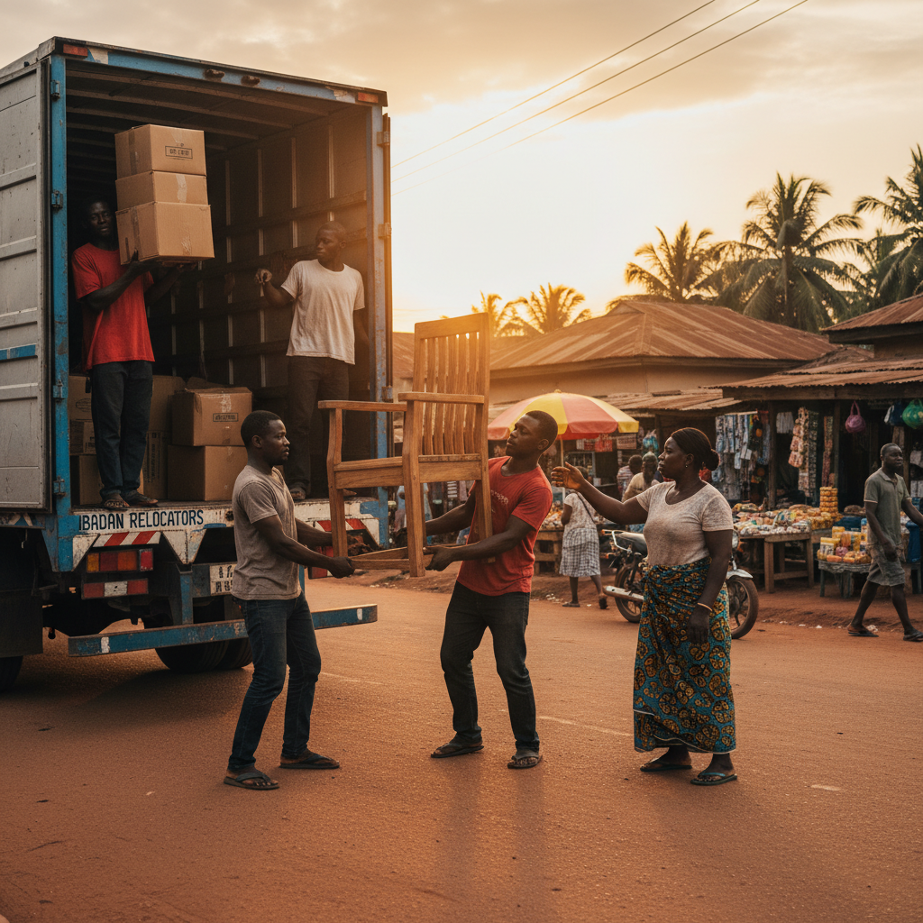 A team of Nigerian movers carefully loading a sofa into a moving truck in Ibadan.