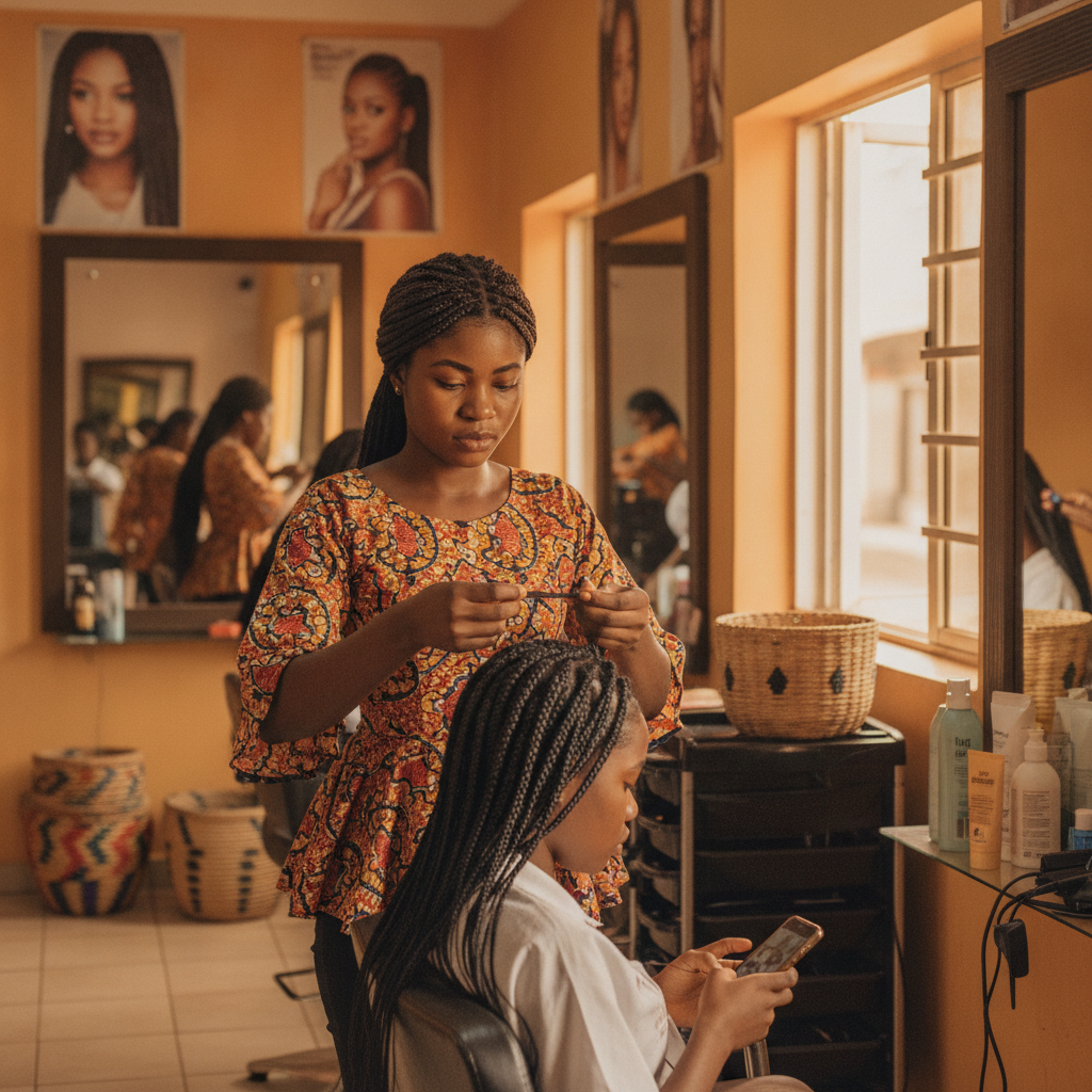 A professional hair stylist carefully braiding a client's hair in a neat, protective style for Harmattan.