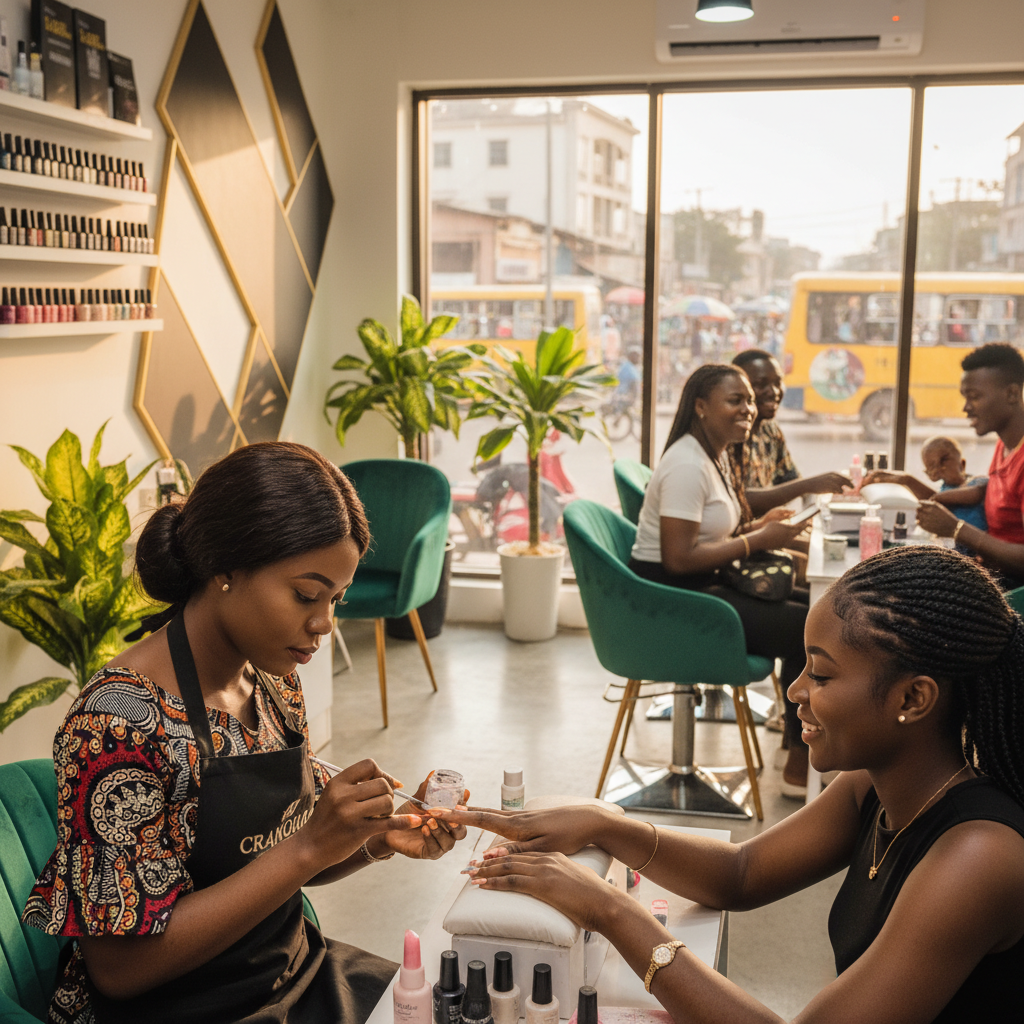 A skilled Nigerian nail technician carefully applying an acrylic bead to a client's nail in a clean, well-lit salon in Lagos.