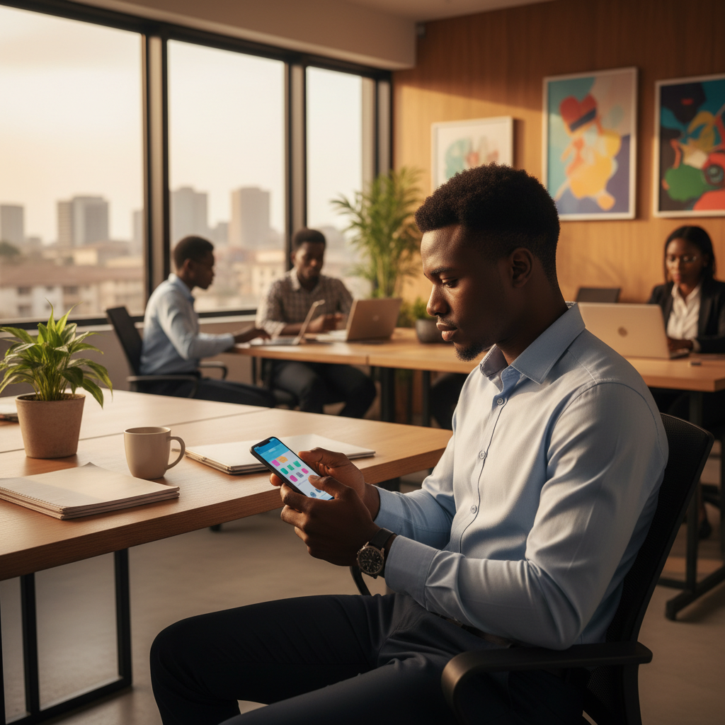 A young Nigerian professional reviews his savings on a mobile banking app in his Lagos office.