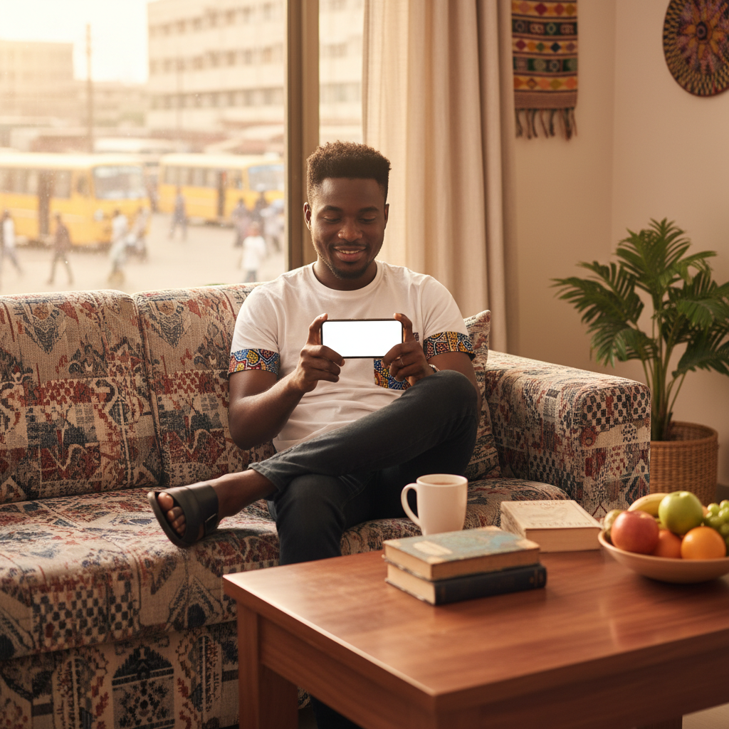 A man in his Abuja apartment using the TrustAm app on his phone to securely book a verified electrician.