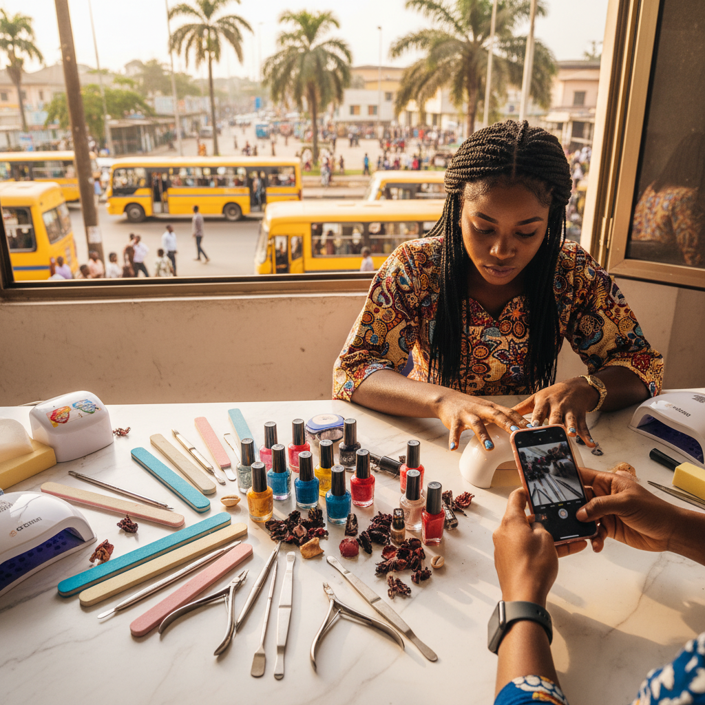 An organized set of nail technician tools and supplies laid out on a table.