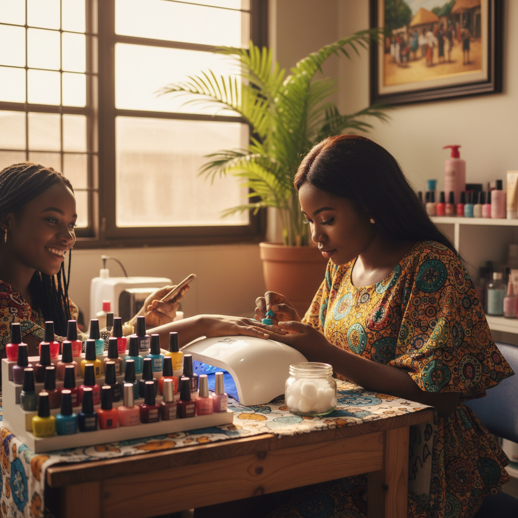 A neat workstation showing various colorful nail polish bottles, a UV lamp, and nail art tools.
