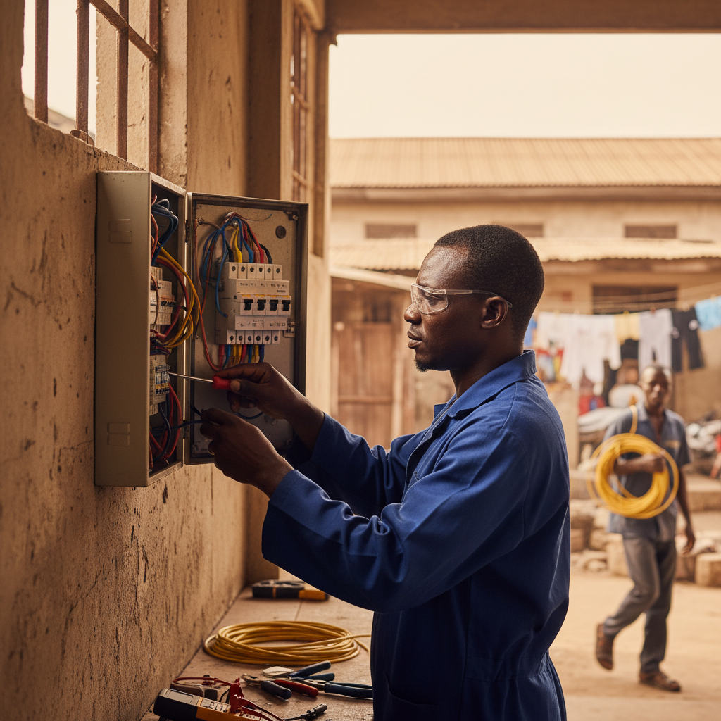 A Nigerian electrician carefully working on a distribution board in a home.