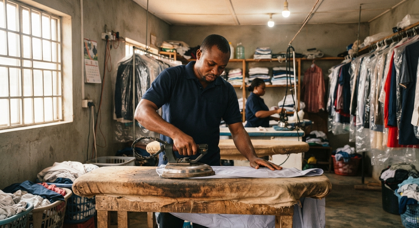 Laundry professional ironing clothes in an Ibadan laundry service