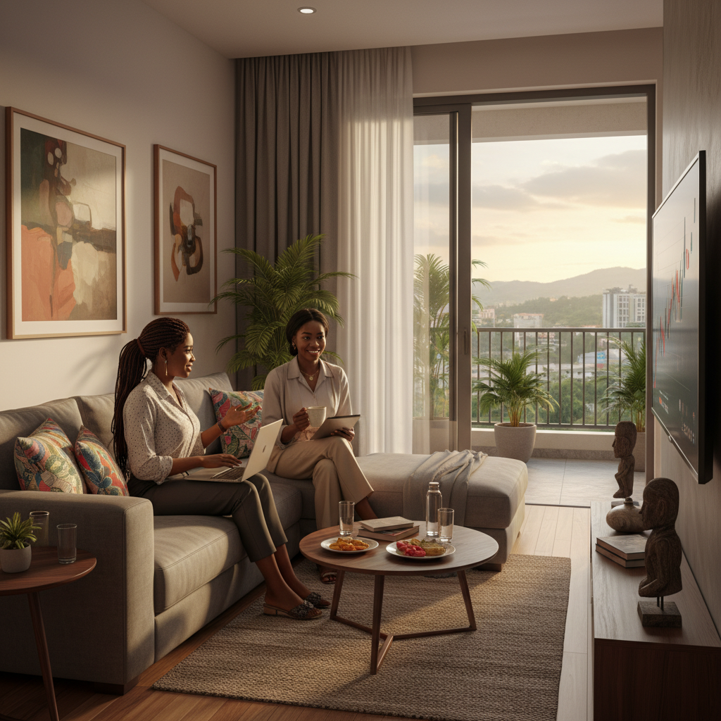 A spacious and modern living room in an upscale Abuja apartment.