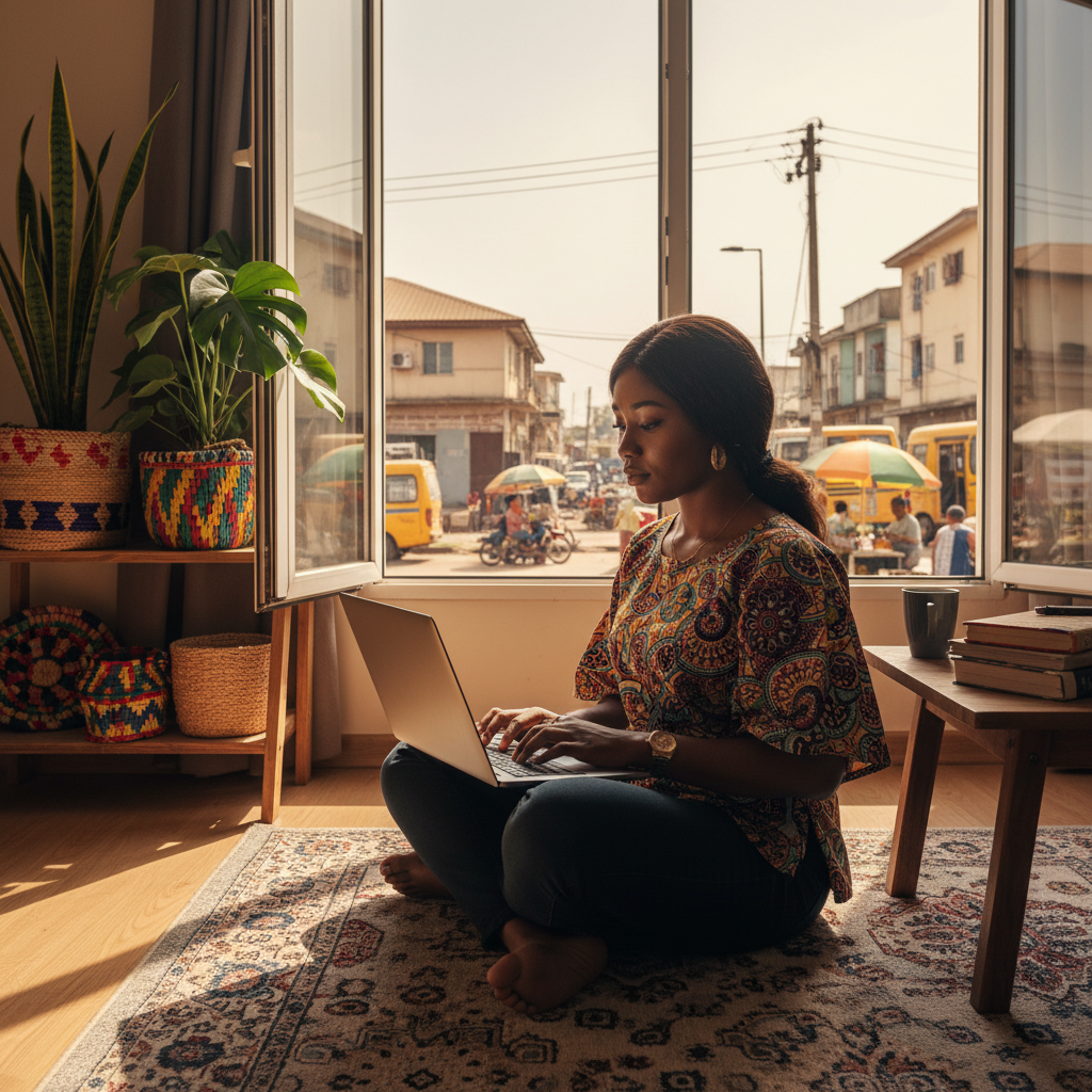 A young Nigerian professional working on a graphic design side hustle from their home in Lagos.