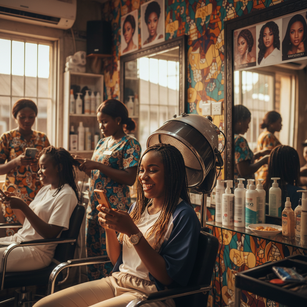 A smiling Nigerian woman booking her next appointment on the TrustAm app while sitting in a nail salon.