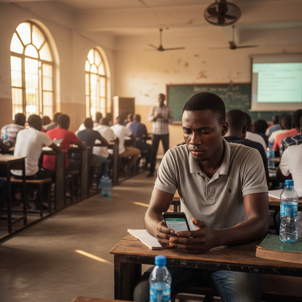 A Nigerian student in a university lecture hall looks at their smartphone, managing their budget.