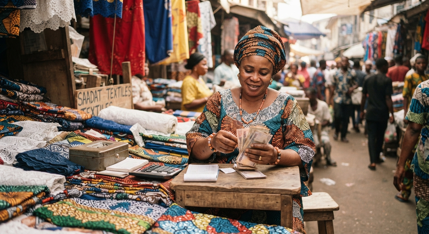 Nigerian woman counting naira notes at a busy fabric stall