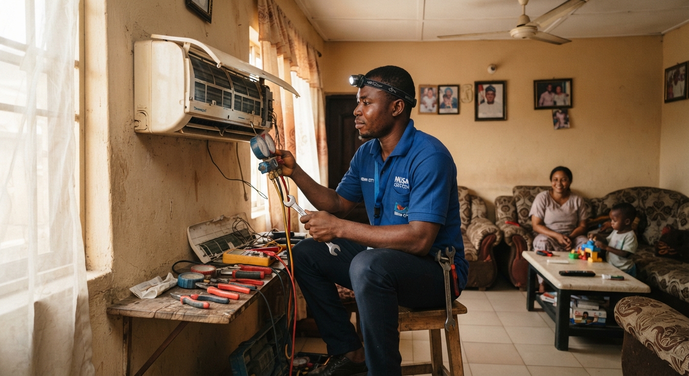 AC repair technician inspecting a faulty air conditioner unit in a Benin City home
