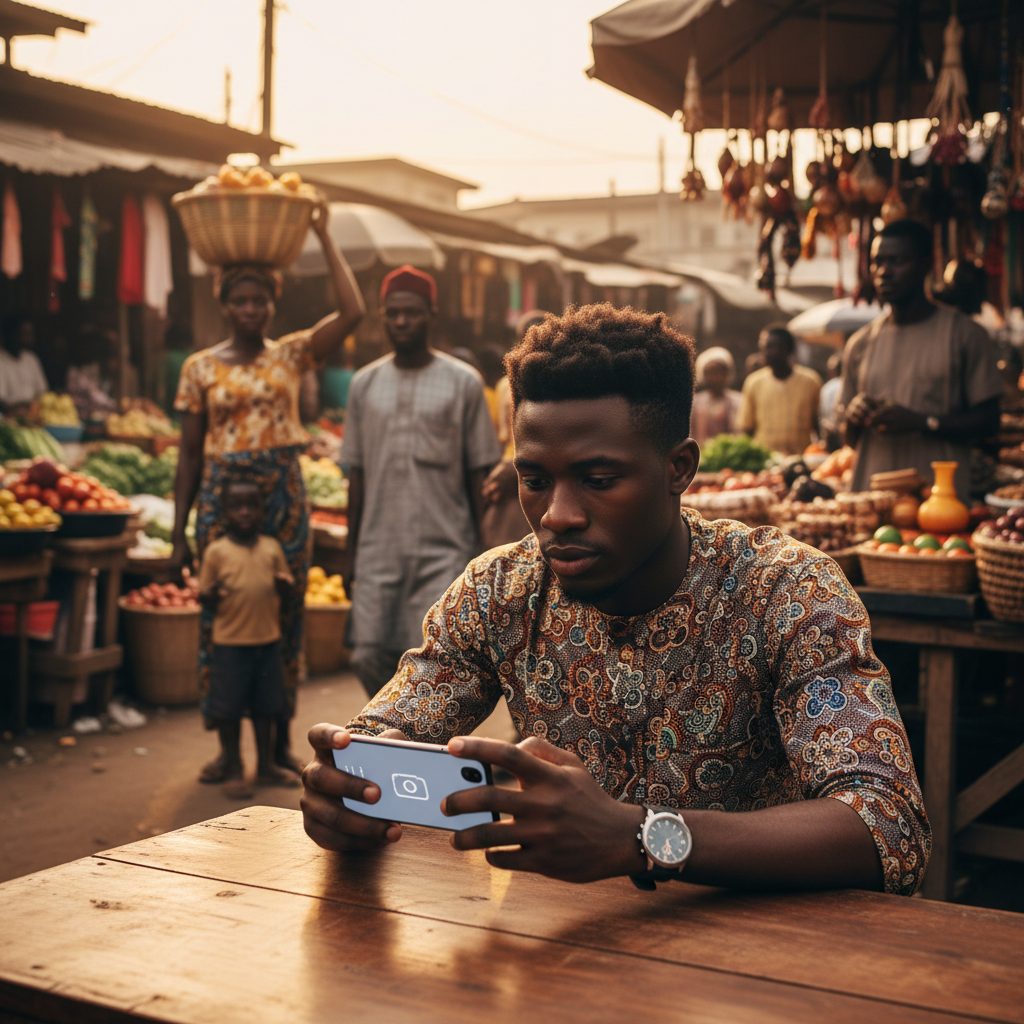 A young Nigerian woman smiling as she uses a financial app like TrustAm on her phone to manage her business bookings.