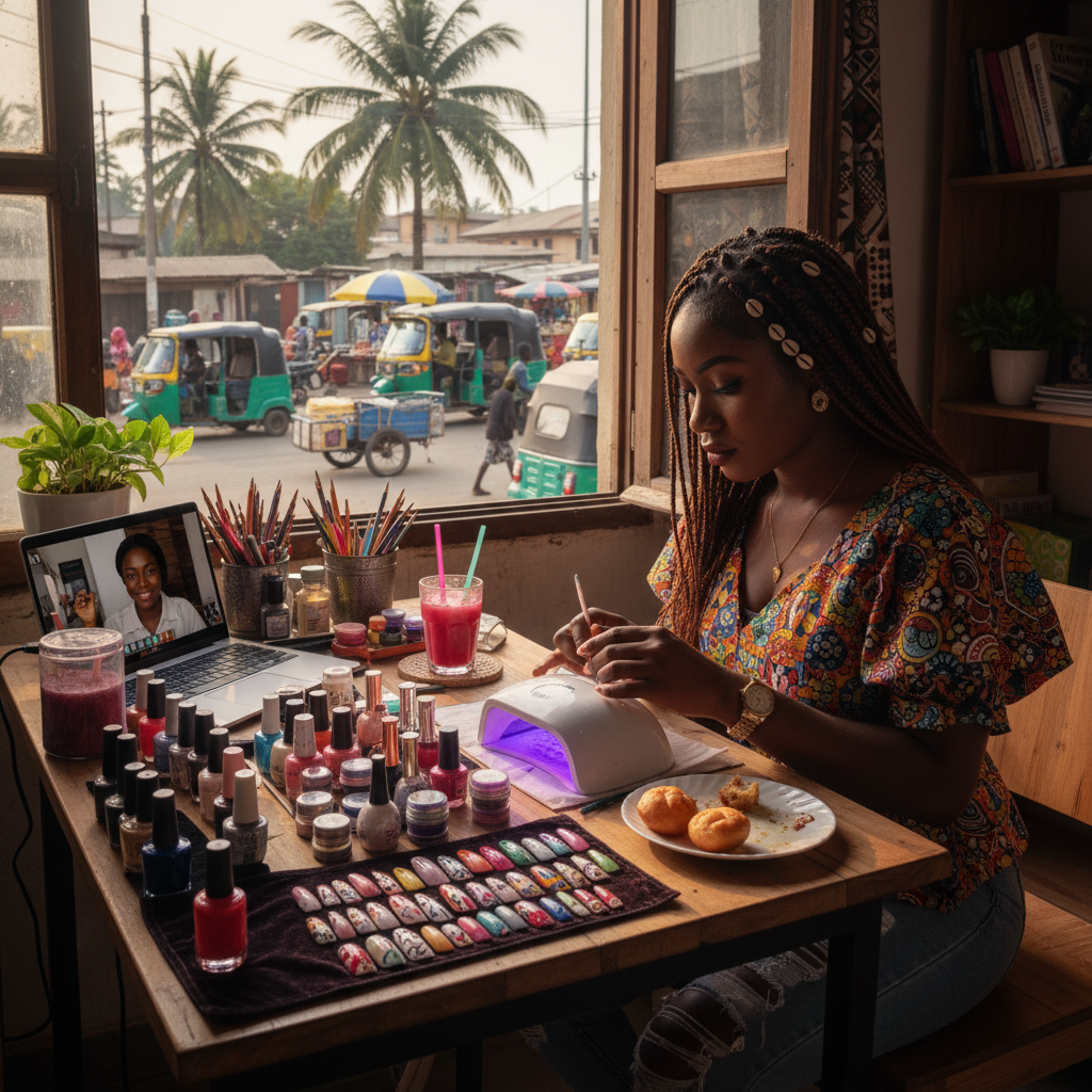 A creative Nigerian entrepreneur designing custom press-on nails in her home studio.