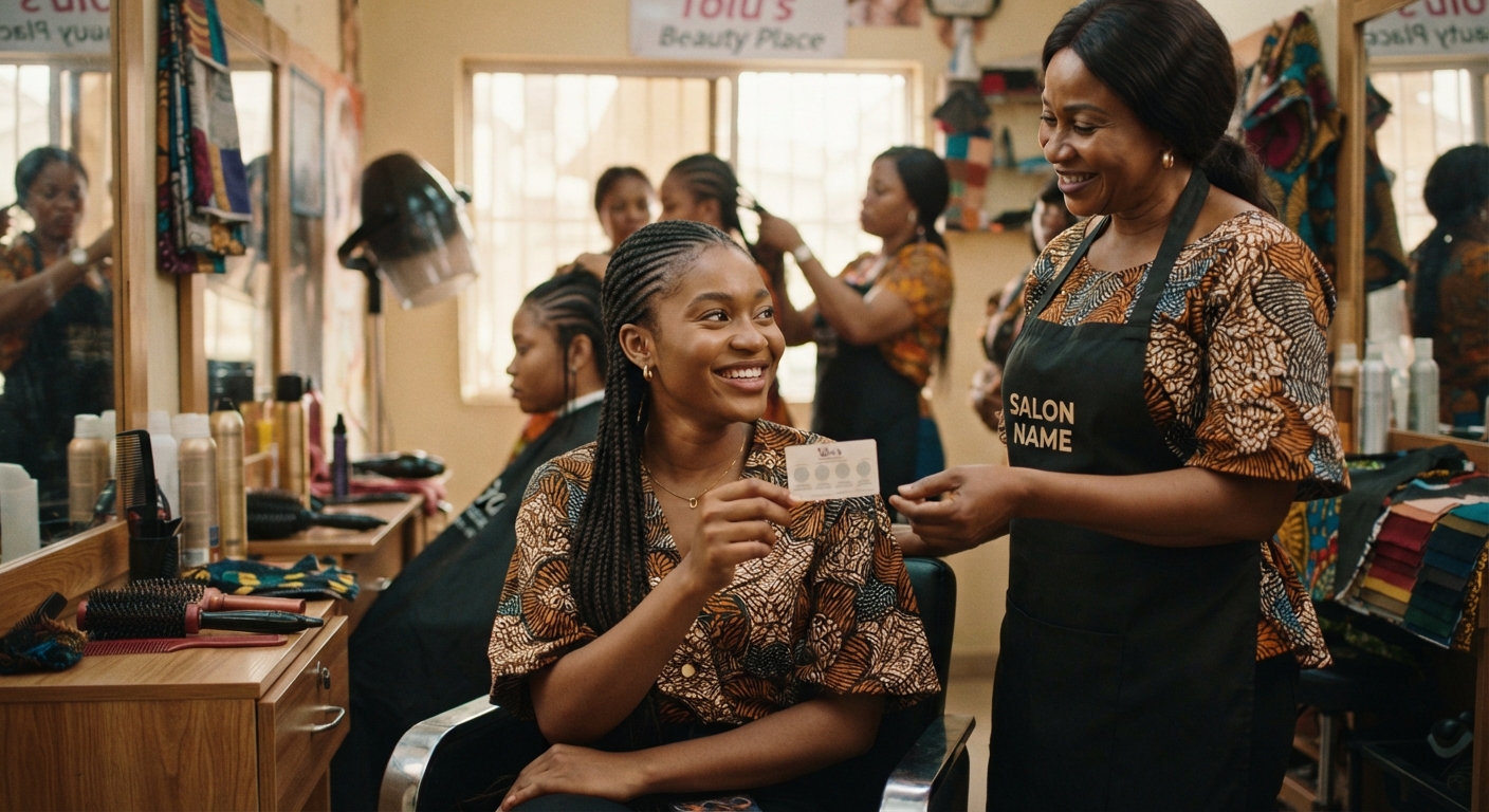 Close-up of a client holding a loyalty card from a hair braiding service
