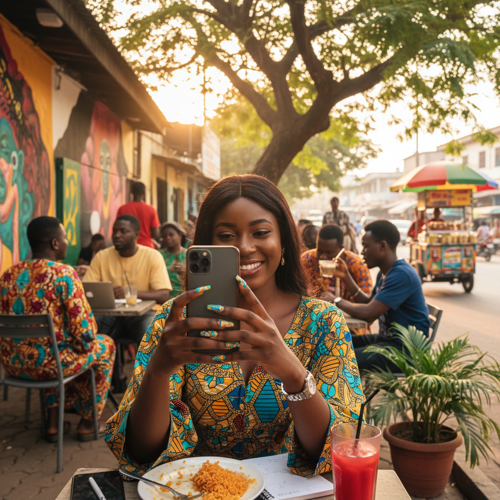 A young Nigerian entrepreneur taking a picture of her nail art to post on her business profile.