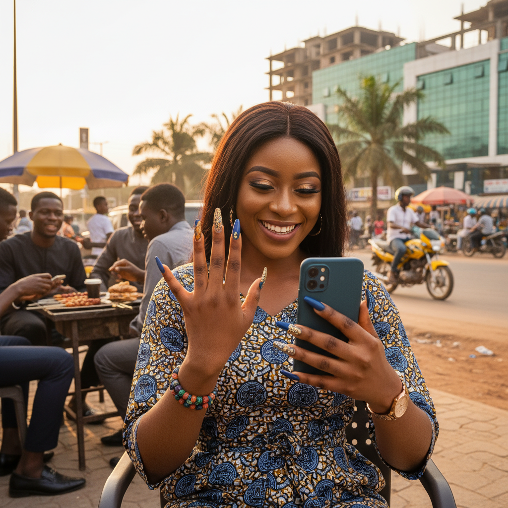 A smiling Nigerian woman admiring her freshly done manicure booked through a reliable service.