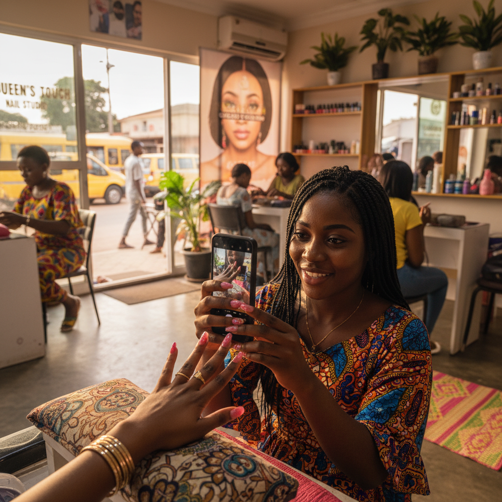 A nail technician taking a high-quality picture of a client's new nails for her Instagram portfolio.