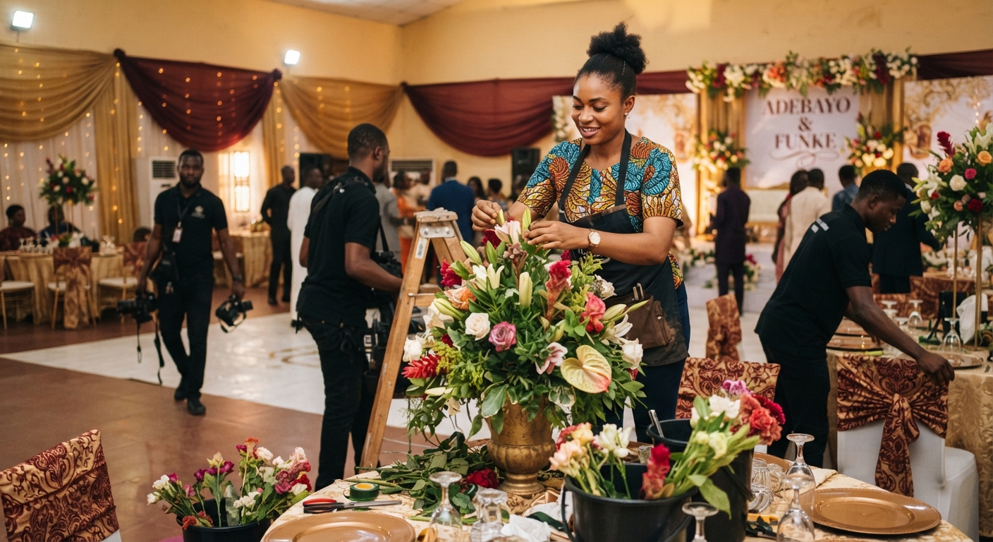Ibadan event decorator carefully arranging flowers at a wedding reception venue.