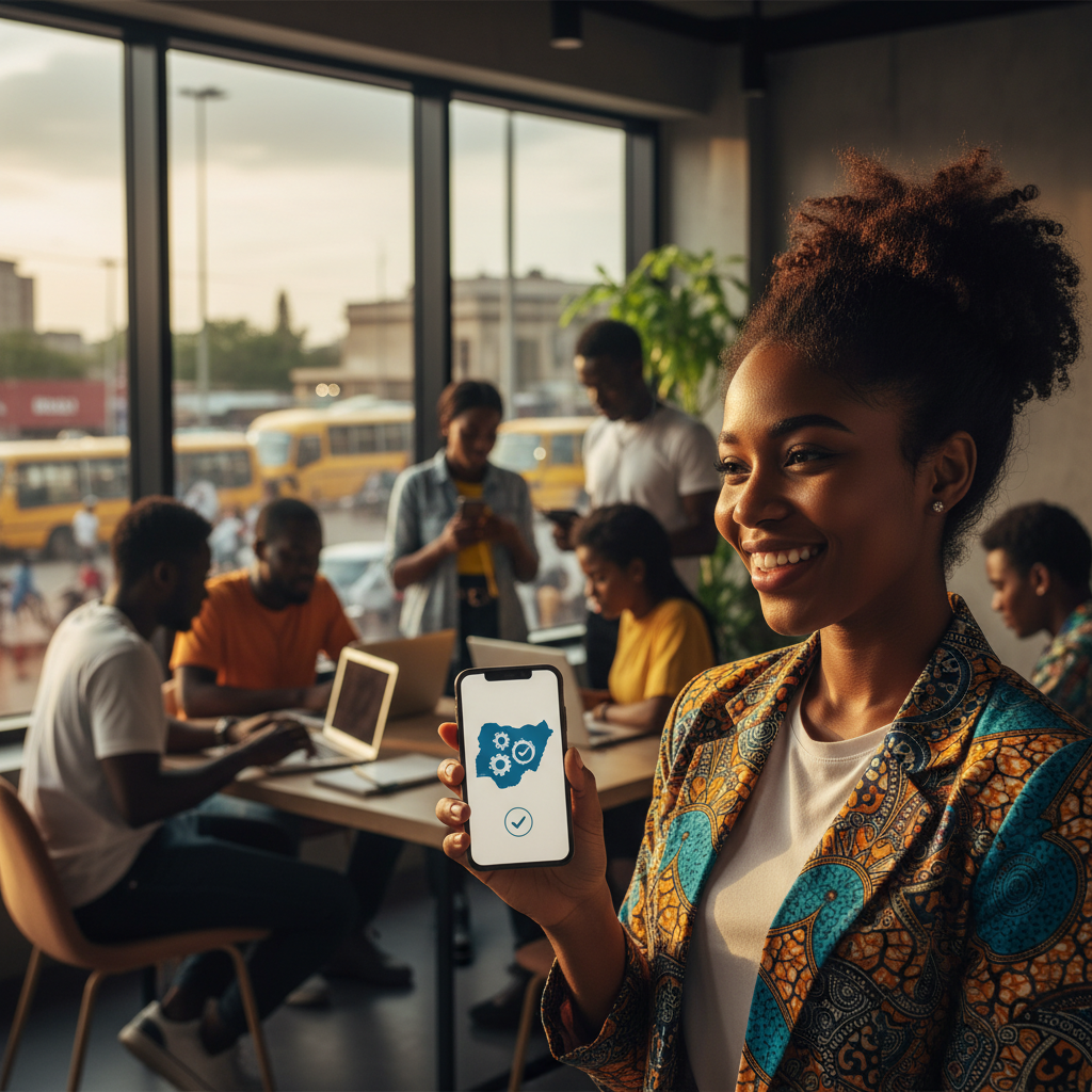 A happy Nigerian woman booking a nail technician appointment on the TrustAm app.