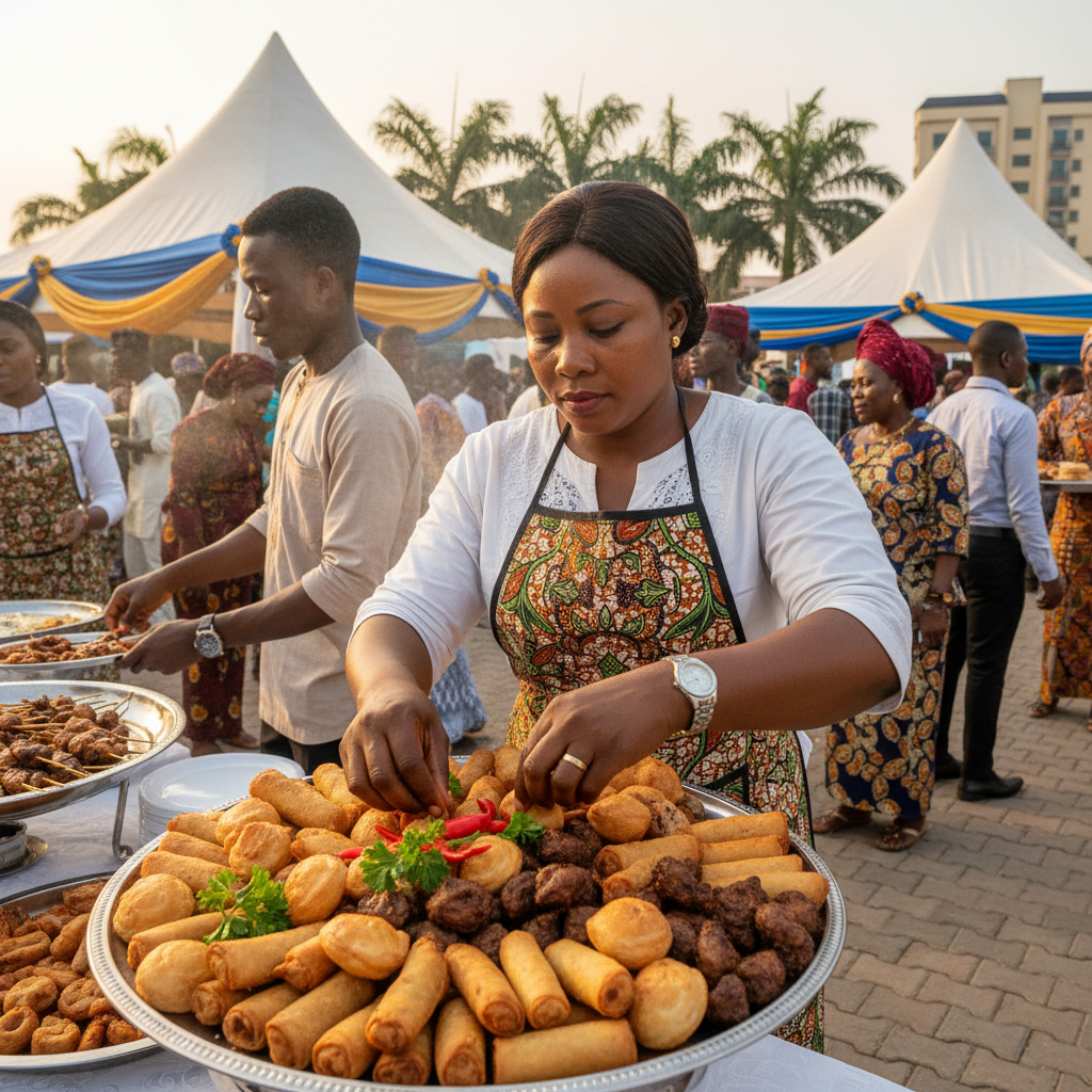 A platter of Nigerian small chops including puff-puff, samosa, and spring rolls being arranged for an event.