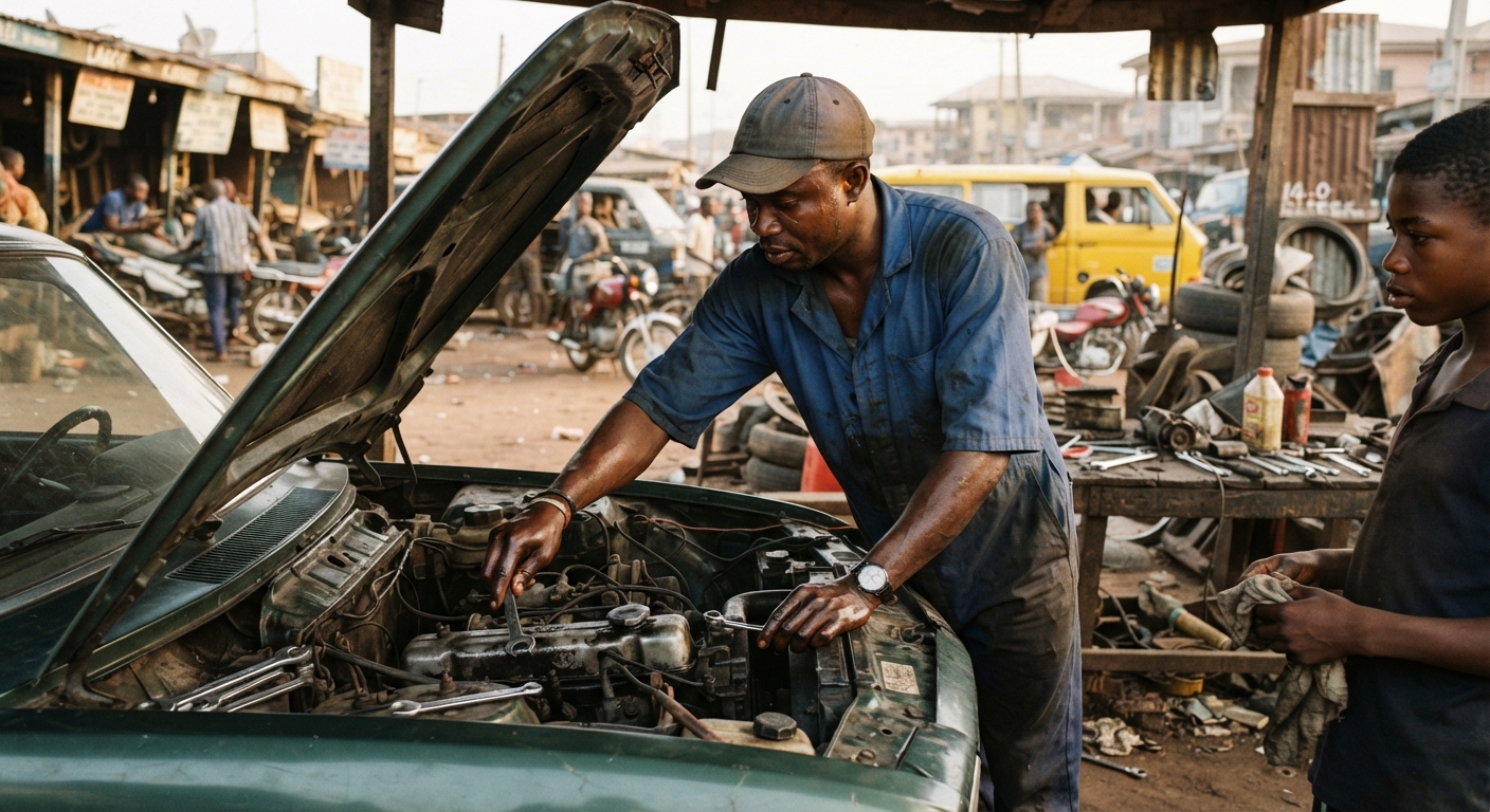 Mechanic carefully inspecting a car engine in a busy Nigerian workshop.