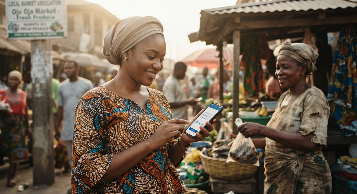 Young Nigerian woman smiling while using a mobile app to facilitate a secure escrow payment