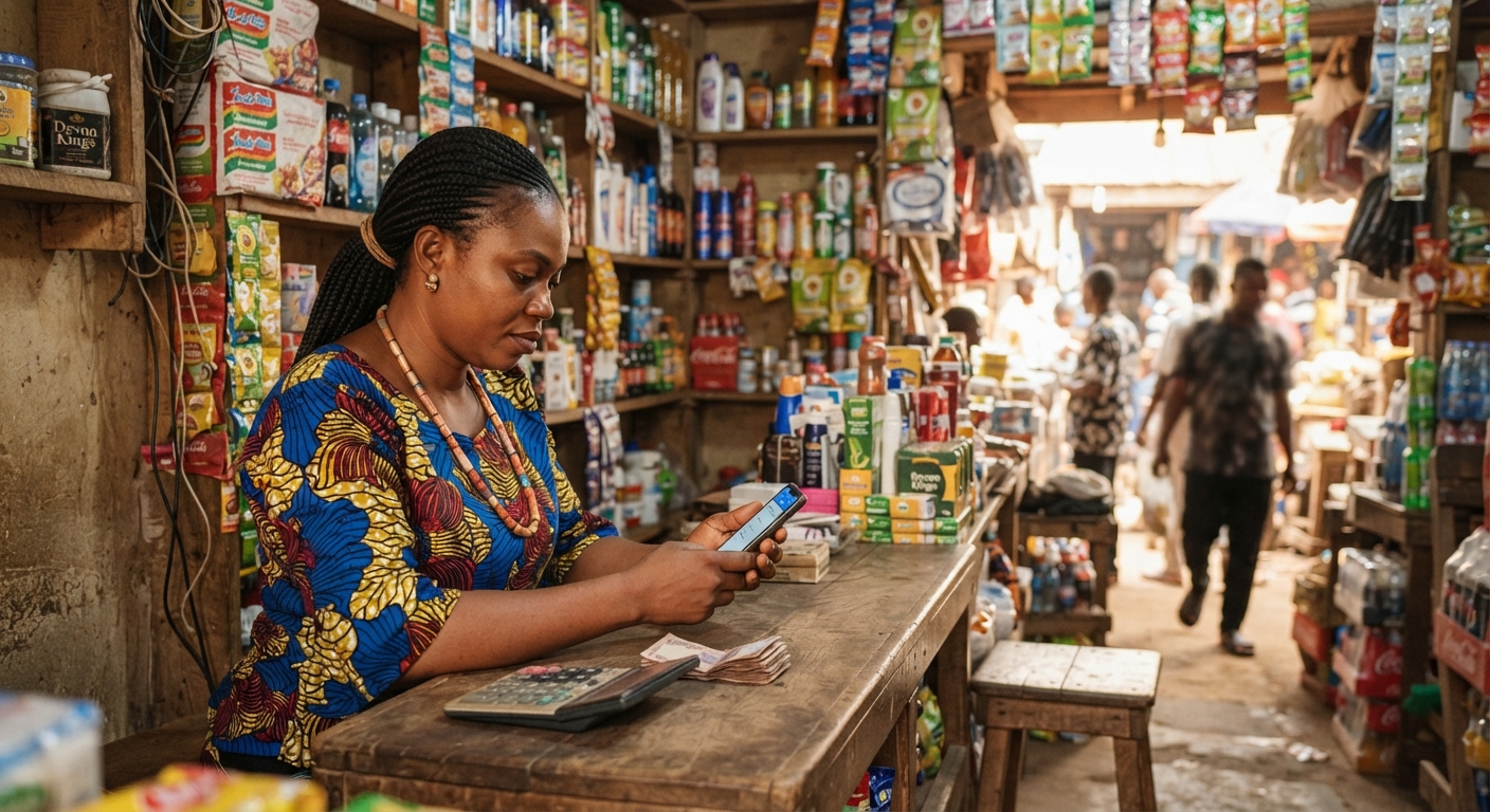 Nigerian shop owner checking phone