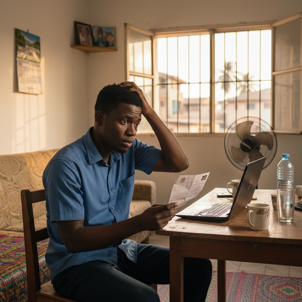 A young Nigerian man in his Lagos apartment looks concerned while reviewing his high electricity bill.
