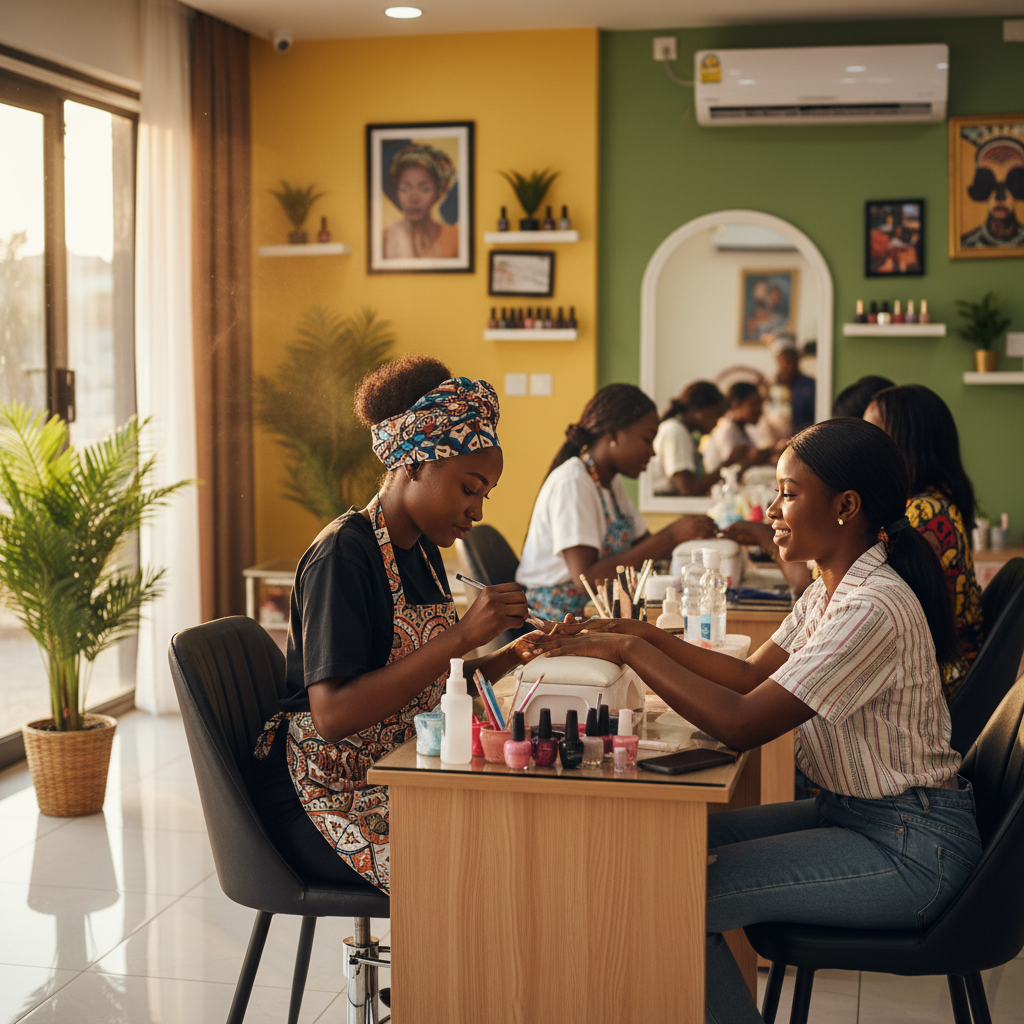 A skilled Nigerian nail technician carefully applying acrylics to a client's nails in a well-lit salon.