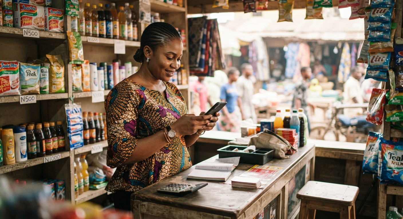 Nigerian shop owner checking phone behind phone