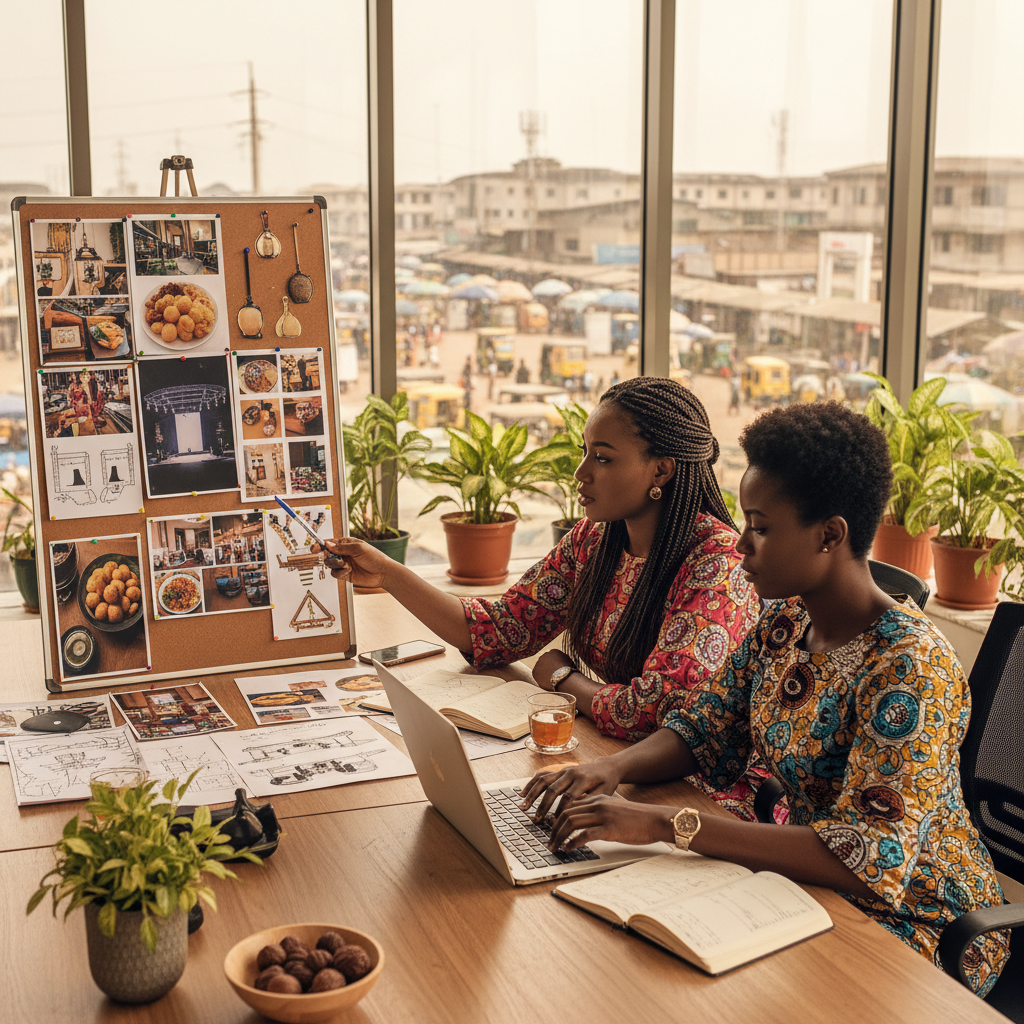 Two Nigerian event planners collaborating on a decoration project.