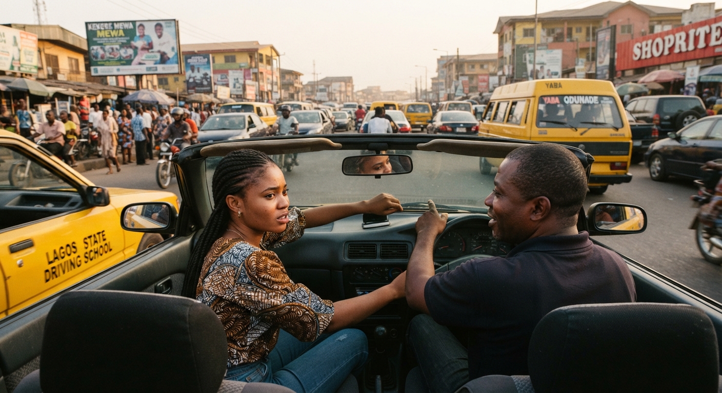 Young Nigerian woman learning to drive with instructor in Lagos
