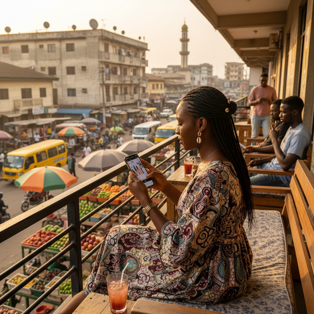 A young Nigerian woman in Lagos browsing nail art designs on her smartphone, planning her next appointment.