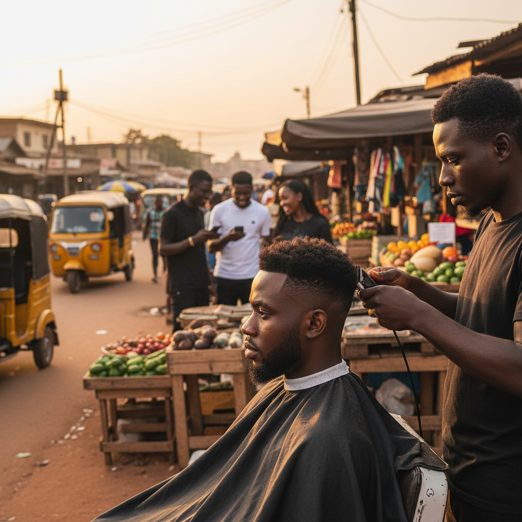 A focused barber giving a young Nigerian man a precise skin fade haircut in a clean salon.