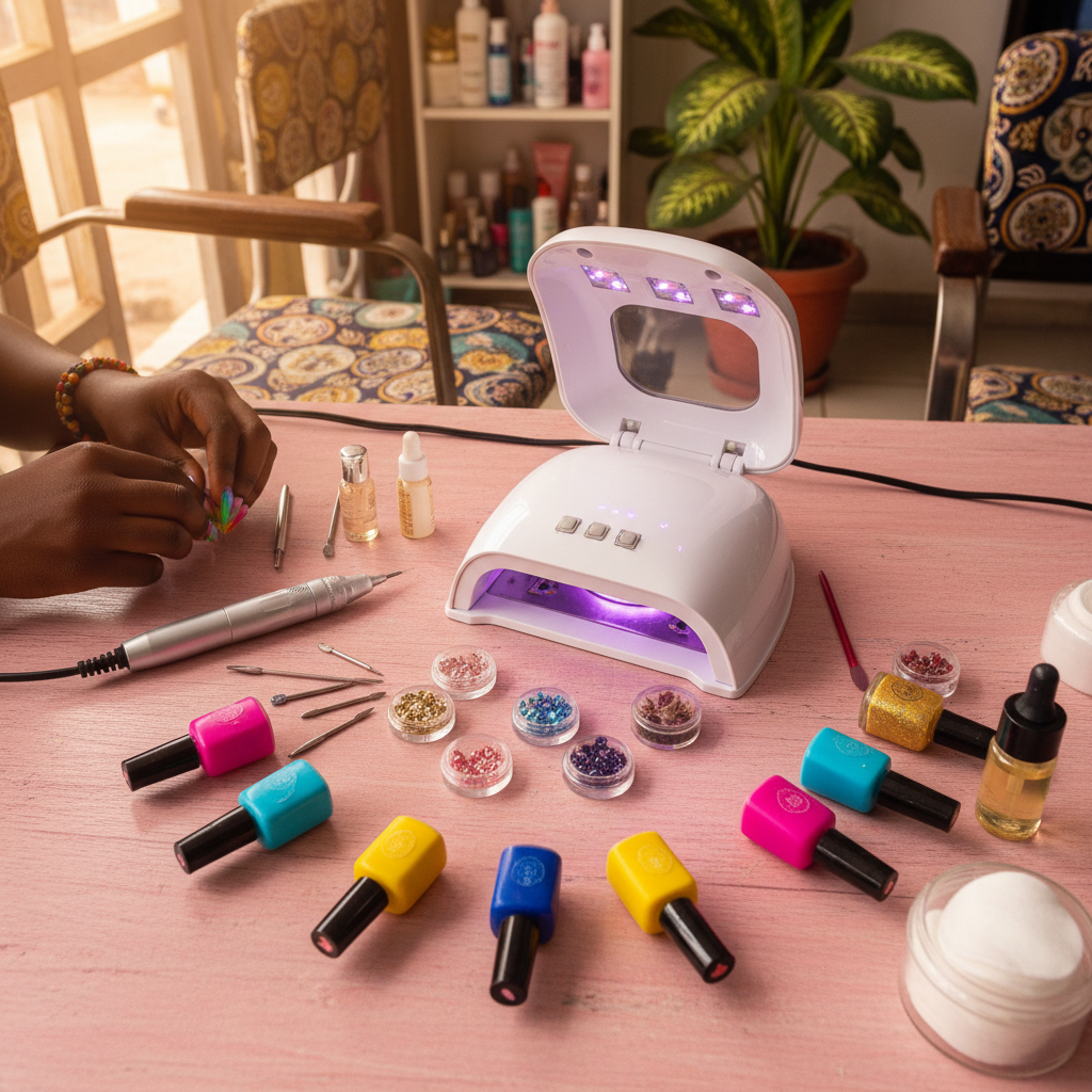 An organized flat lay of nail technician equipment including a UV lamp, e-file, and various gel polishes.