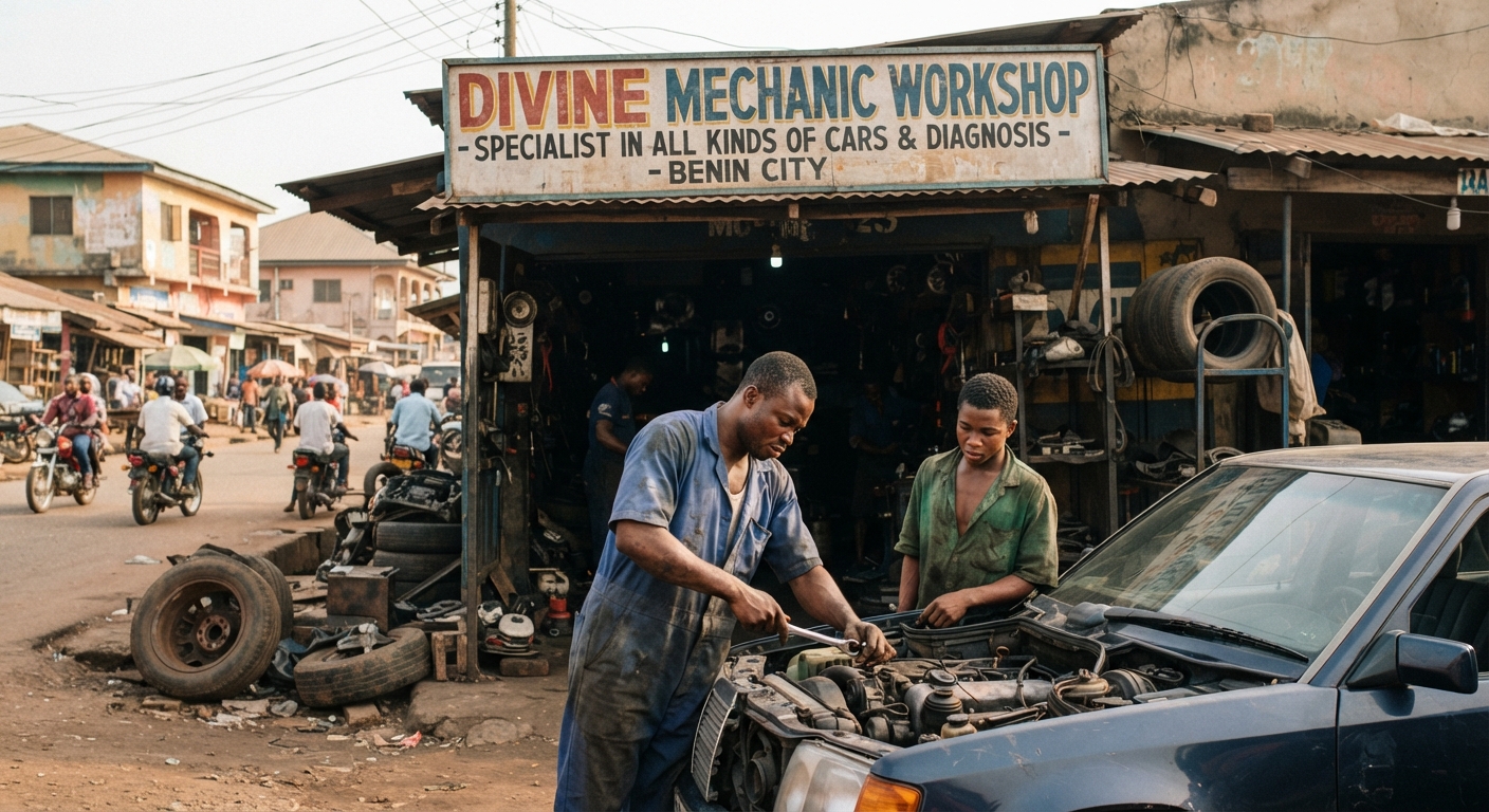 A sign for an auto repair workshop in Benin City, Nigeria