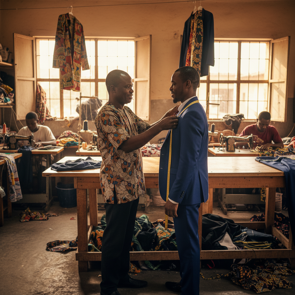 A verified tailor found on TrustAm measuring a client for a new outfit in a Uyo workshop.