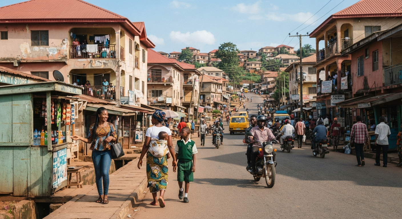 Street view in Enugu showing residential buildings and infrastructure