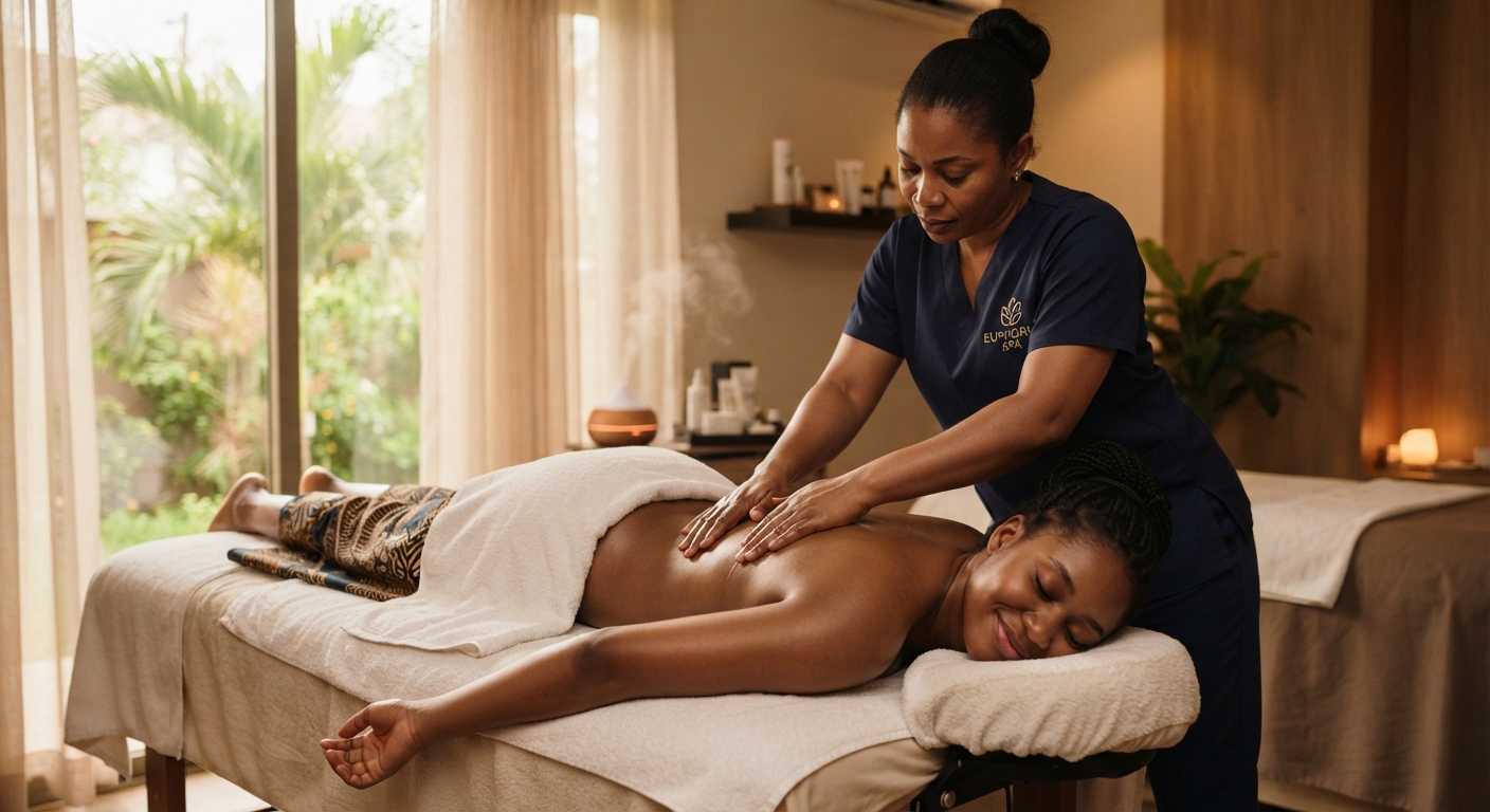 Young Nigerian woman receiving a professional massage therapy treatment.