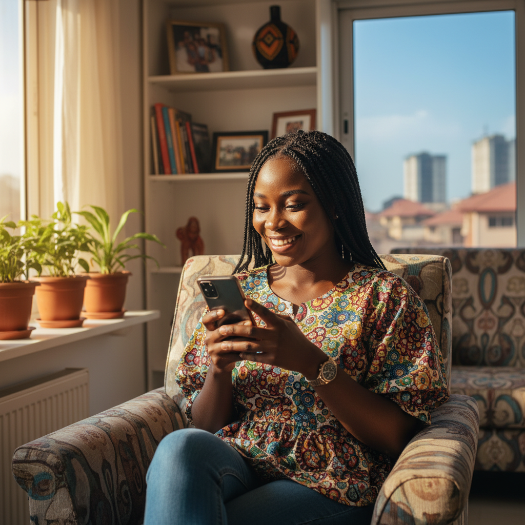 A happy Nigerian woman booking a service on her smartphone using the TrustAm app.