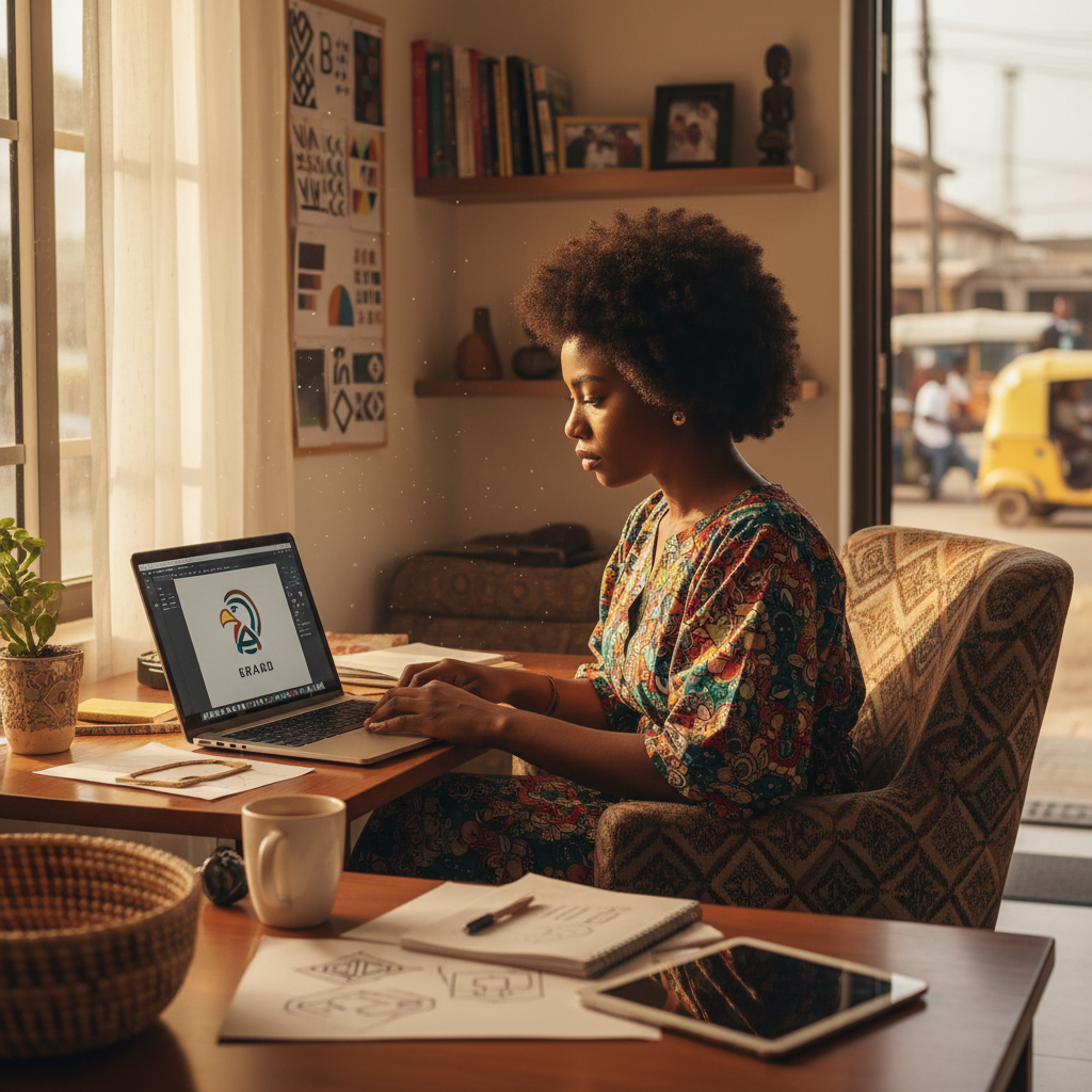 A Nigerian woman focused on her laptop, designing a logo for a client.