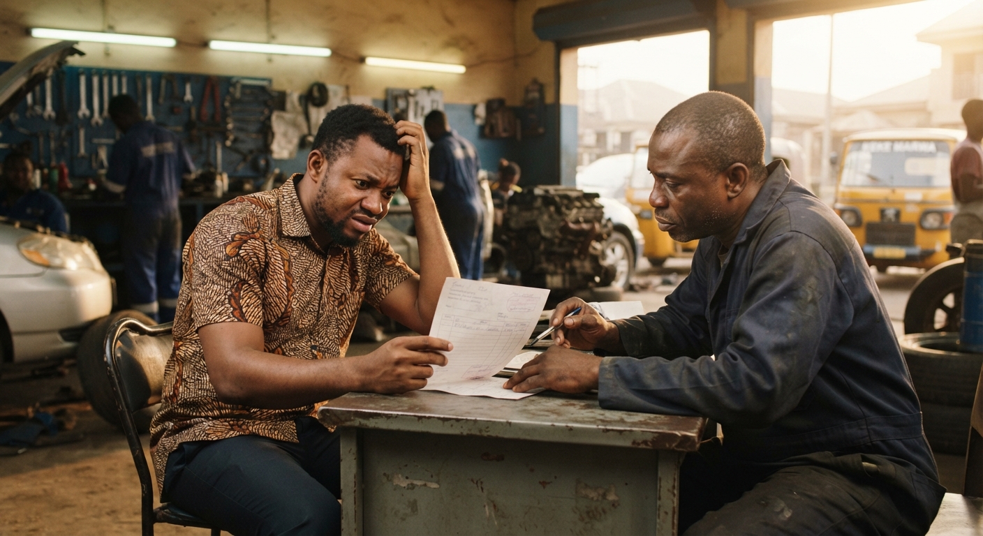 Nigerian customer looking concerned at a car repair bill with a mechanic nearby.