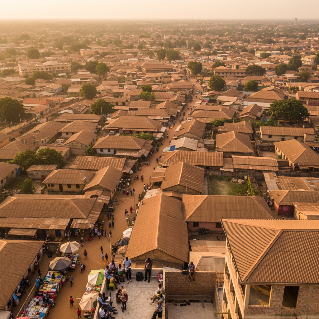 An aerial view showing the iconic brown roofs of Ibadan interspersed with modern buildings.